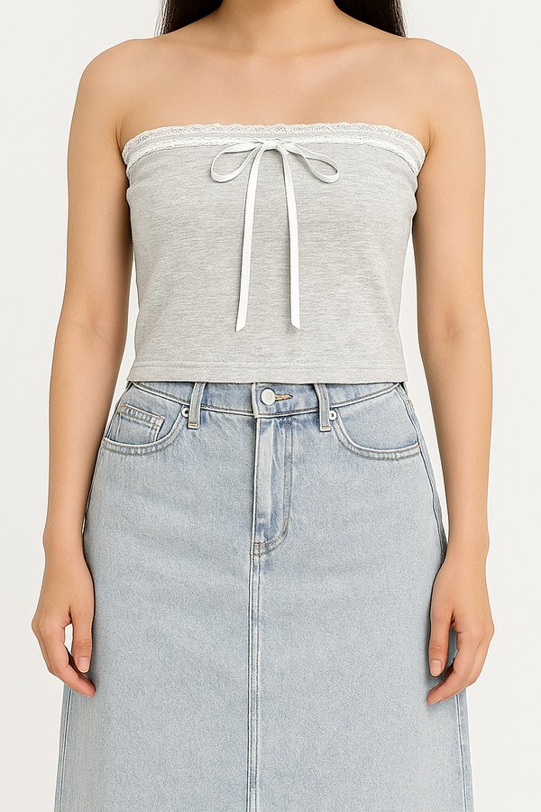 (BARE/BASIC) Elsa V3 Lace Ribbon Tube Top in Light Grey with White Ribbon