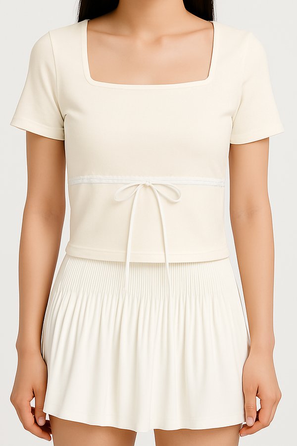 (BARE/BASIC) Elsa V2 Lace Ribbon Sleeved Top in Ice Yellow with White Ribbon