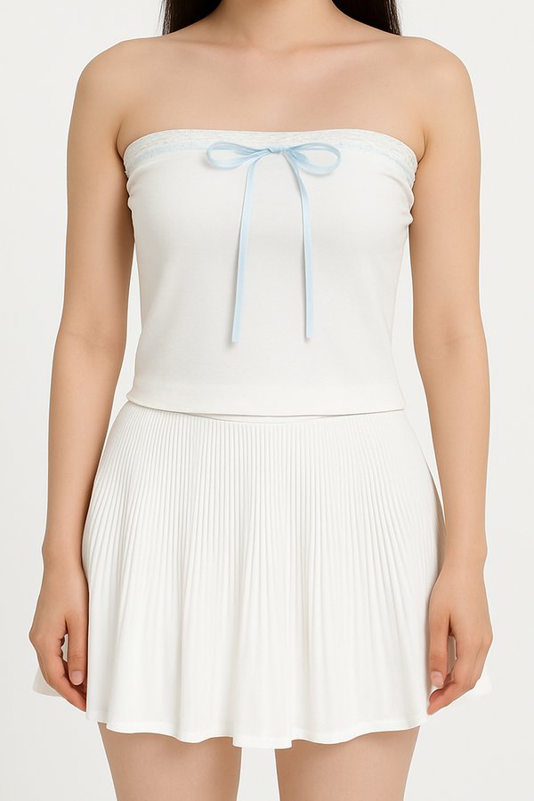 (BARE/BASIC) Elsa V3 Lace Ribbon Tube Top in White with Blue Ribbon