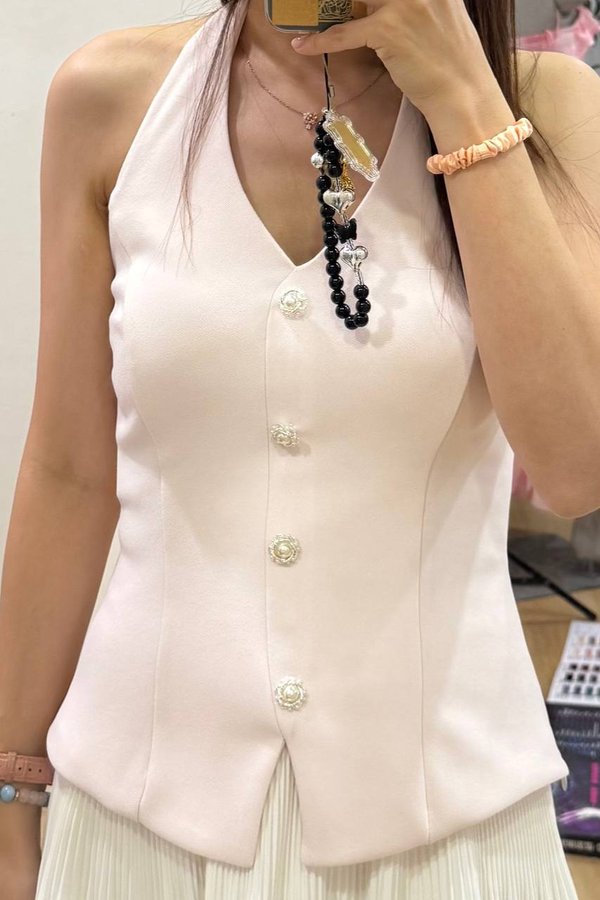 *PRE-ORDER* Ava V2 V-Neck Pearl Button Vest Top in White