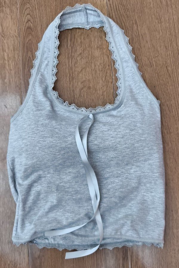 *PRE-ORDER* (BARE/BASIC) Mila Lace Trimming Halter Top in Light Grey