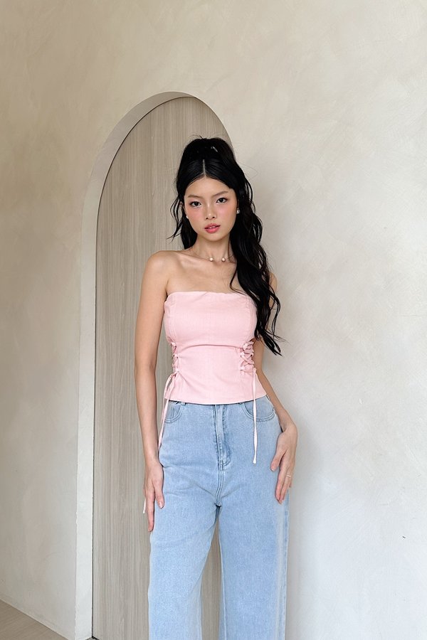 Giana V2 Denim Long Tube Side Self Tie Top in Bubble Gum Pink