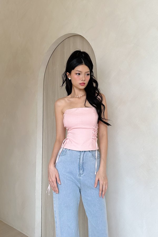 Giana V2 Denim Long Tube Side Self Tie Top in Bubble Gum Pink