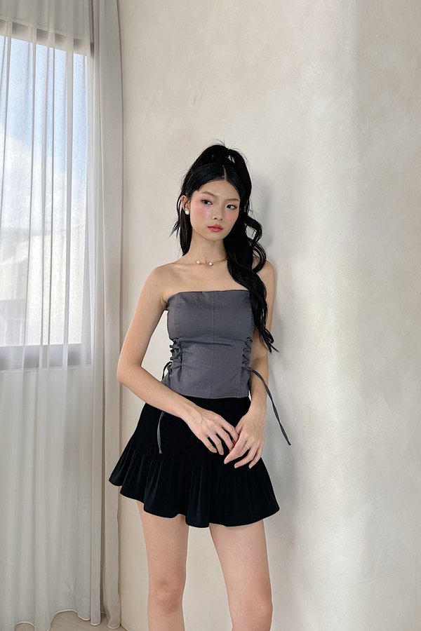 Giana V2 Denim Long Tube Side Self Tie Top in Charcoal Grey