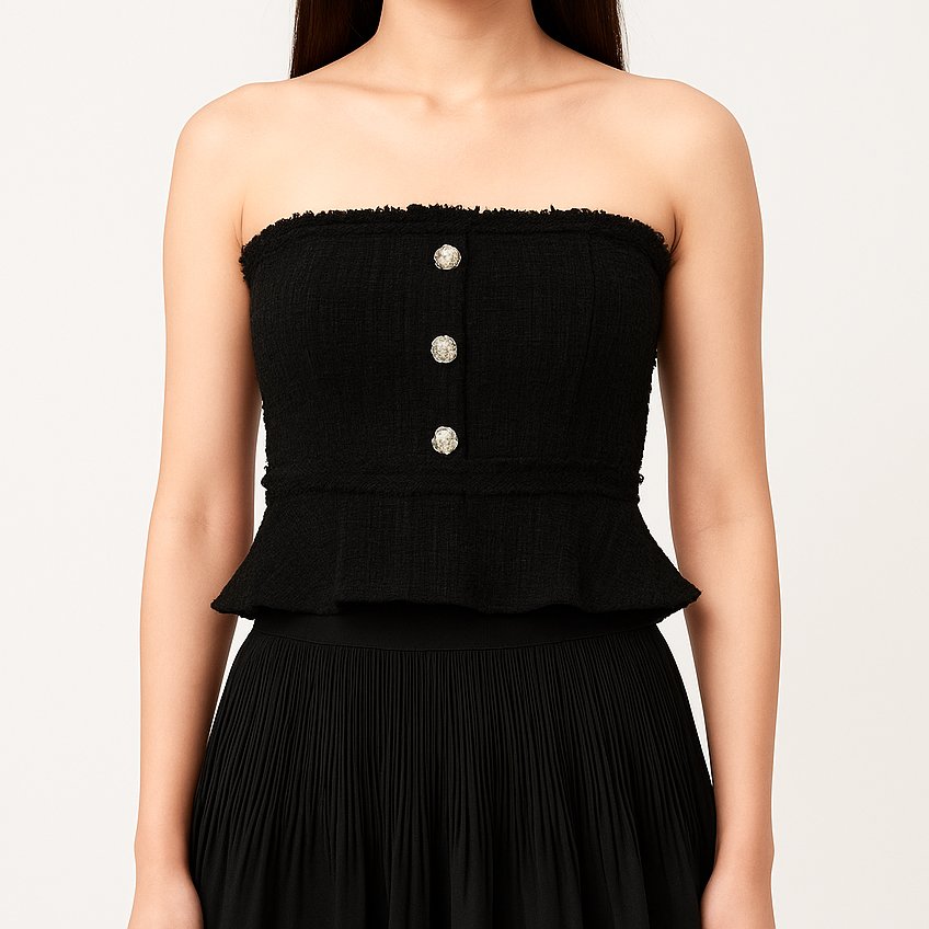 Gemmy Suede Tweed Peplum Top in Black