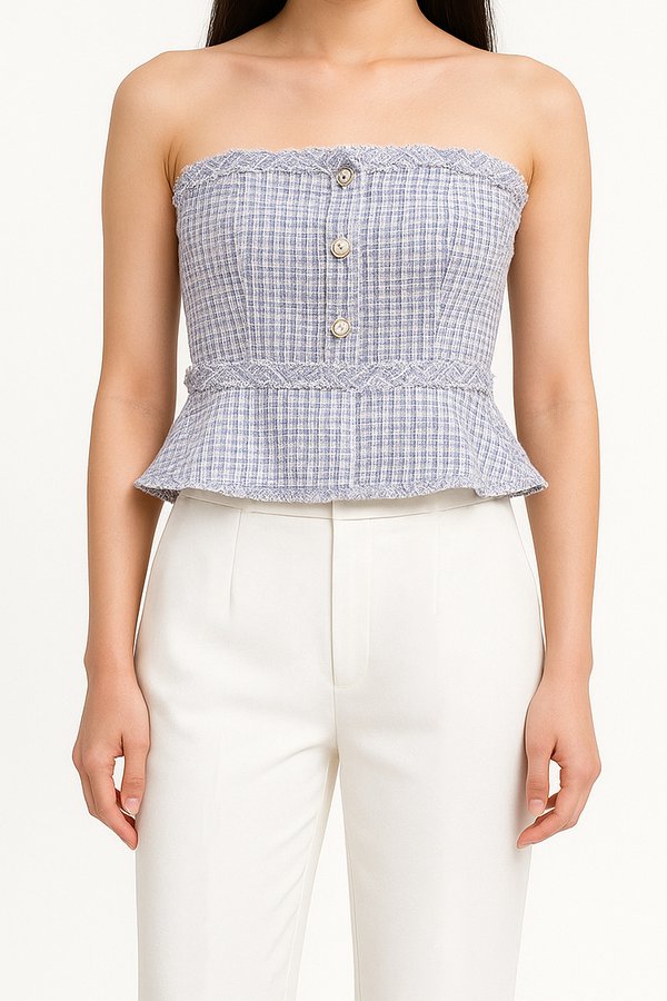 Gemmy Suede Tweed Peplum Top in Blue with White Threads