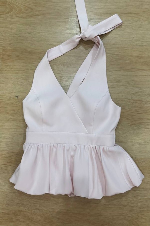 *PRE-ORDER* Sushi V Neck Bubble Peplum Top in Ice Pink