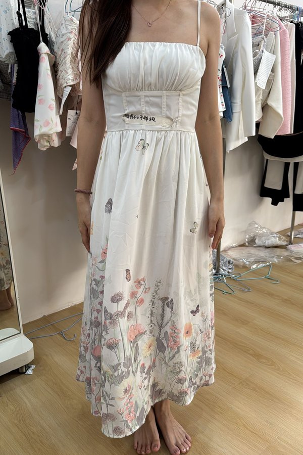 *PRE-ORDER* Arin Corset Ruched Midi Dress in Butterfly Print