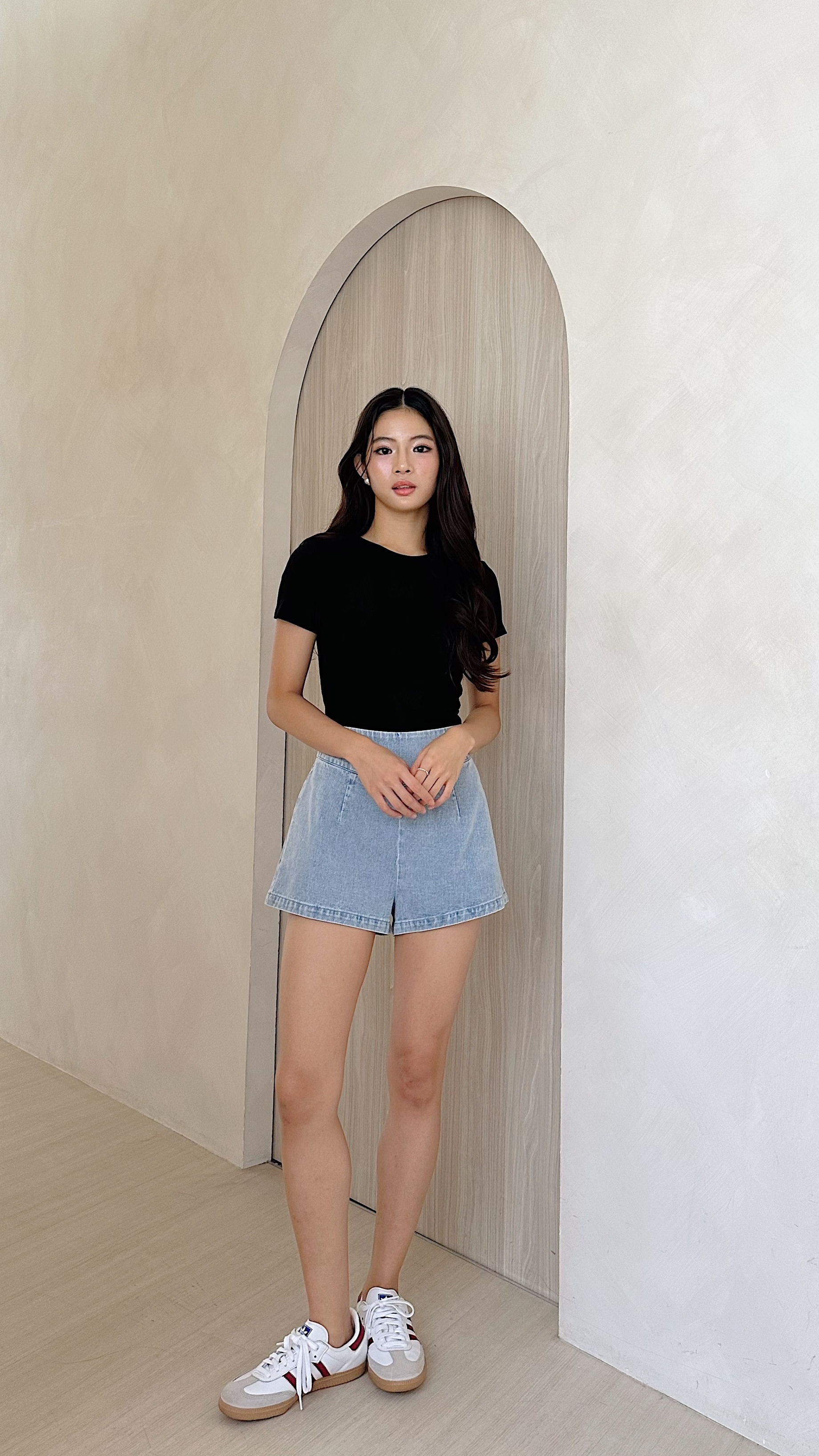 Cataleya V Waist Denim Shorts in Mid Wash | Mikayla