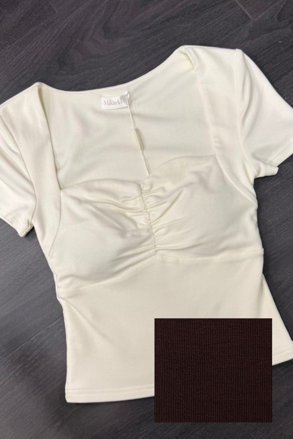 *PRE-ORDER* (BARE/BASIC) Kaisley V2 Sweetheart Neckline Ruched Sleeve Top in Chocolate