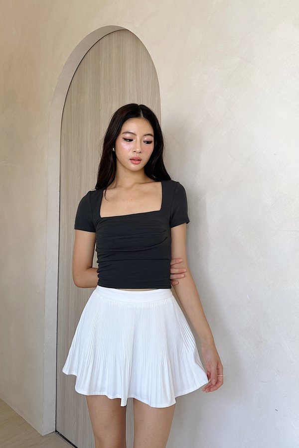 *PRE-ORDER* (BARE/BASIC) Teresa V3 Straight Neck Ruched Sleeve Top in Dark Grey
