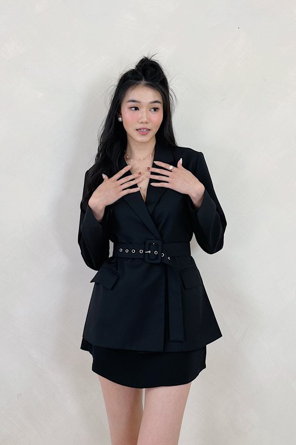 Aria Overlap Belted Blazer in Black