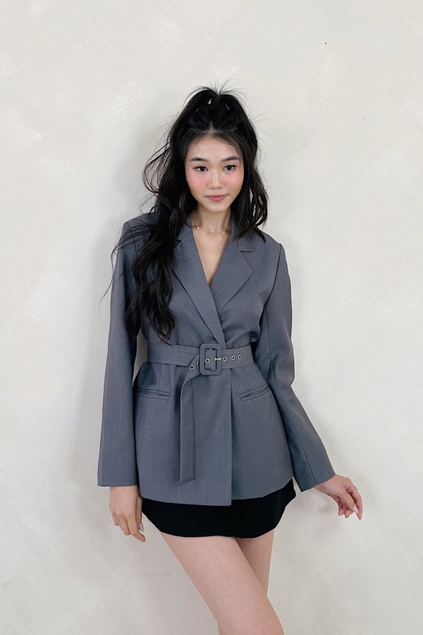 Aria Overlap Belted Blazer in Stone Grey