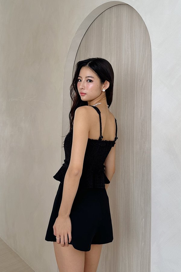 Gemmy Suede Tweed Peplum Top in Black