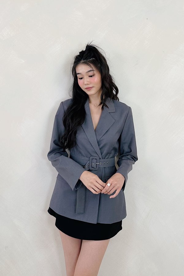 Aria Overlap Belted Blazer in Stone Grey