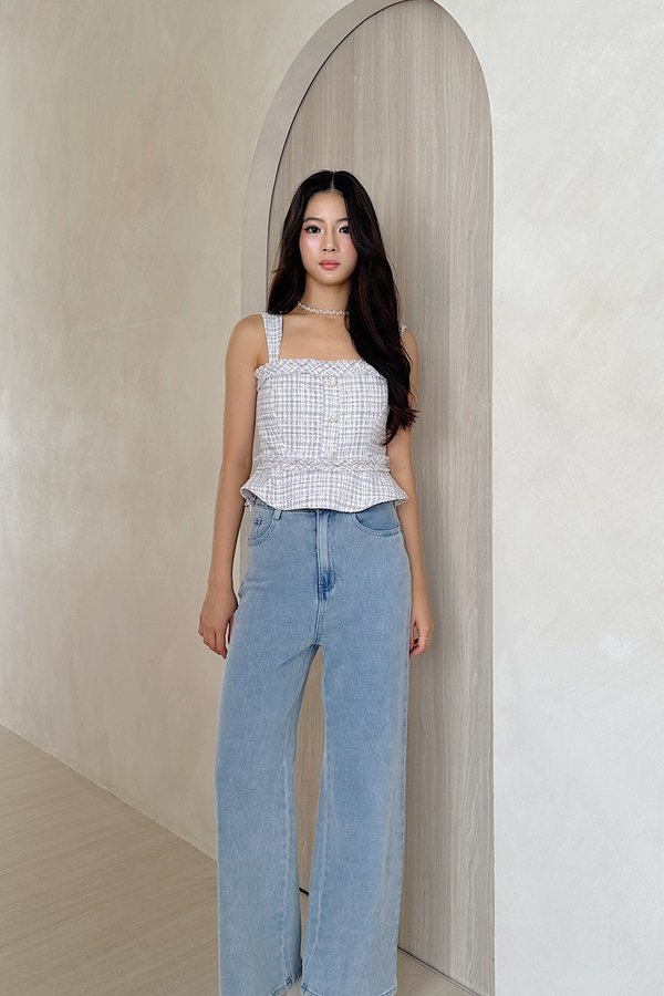 Gemmy Suede Tweed Peplum Top in Blue with White Threads