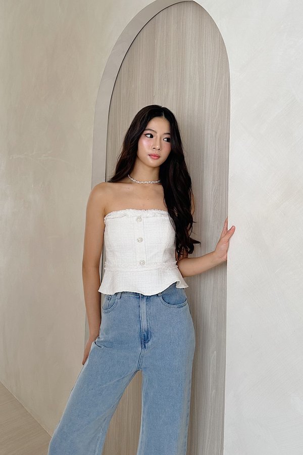 Gemmy Suede Tweed Peplum Top in White