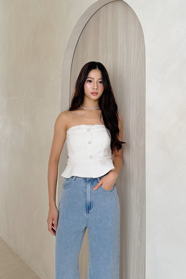 Gemmy Suede Tweed Peplum Top in White