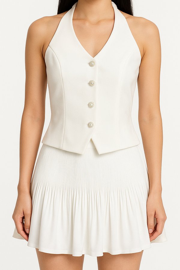 *PRE-ORDER* Ava V2 V-Neck Pearl Button Vest Top in White
