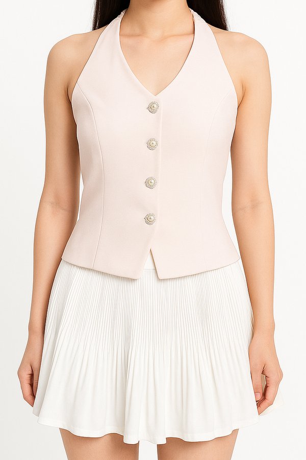 *PRE-ORDER* Ava V2 V-Neck Pearl Button Vest Top in Ice Pink
