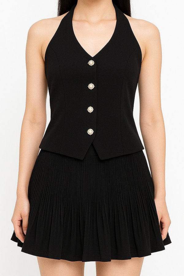 *PRE-ORDER* Ava V2 V-Neck Pearl Button Vest Top in Black