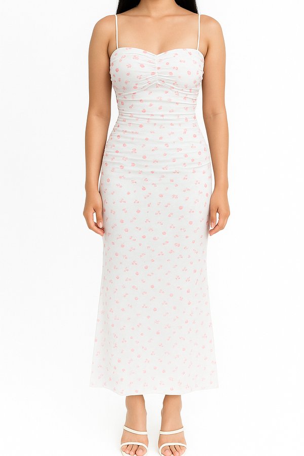 *PRE-ORDER* *Limited Edition* Noelle V4 Padded Tie Dye Ruched Midi Dress in Pink Printed Berries