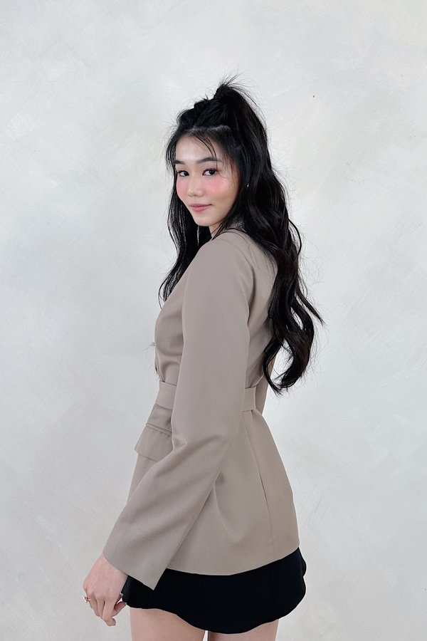Aria Overlap Belted Blazer in Hazelnut