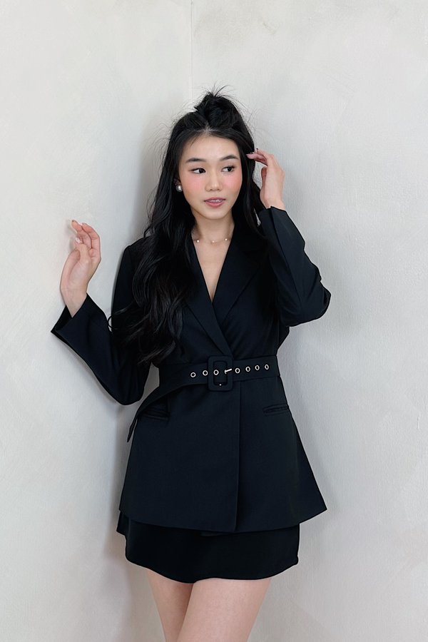 Aria Overlap Belted Blazer in Black