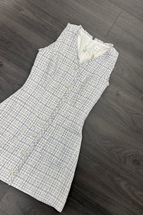Genna Suede Tweed Camellia Pearl Button Dress in Blue with White Threads