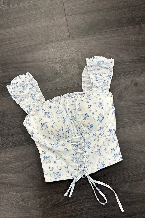 *PRE-ORDER* Odette Ruched Self Tie Top in Blue Printed Floral