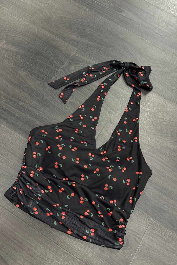 Danica Mesh Halter Top in Black with Red Cherries