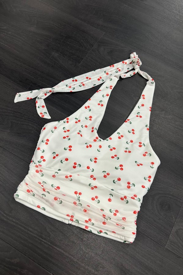 Danica Mesh Halter Top in White with Red Cherries