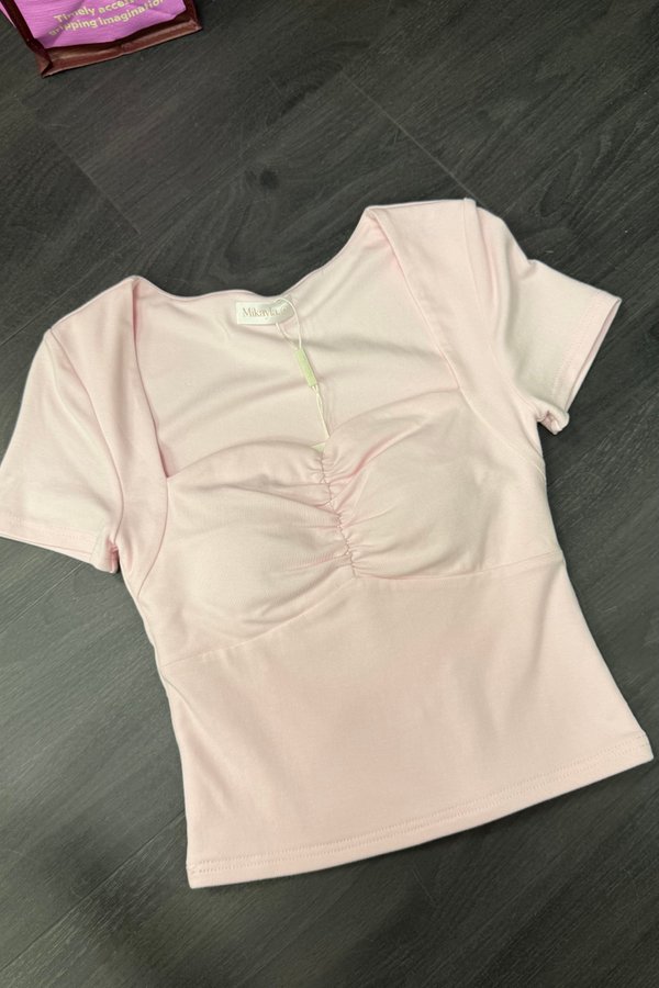 *PRE-ORDER* (BARE/BASIC) Kaisley V2 Sweetheart Neckline Ruched Sleeve Top in Baby Pink