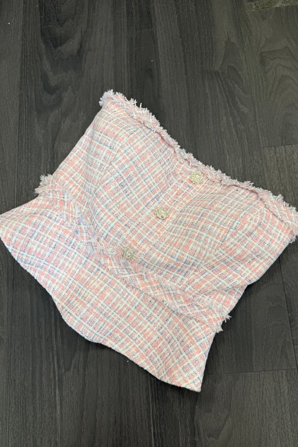 Gemmy Suede Tweed Peplum Top in Pink with Lilac Threads