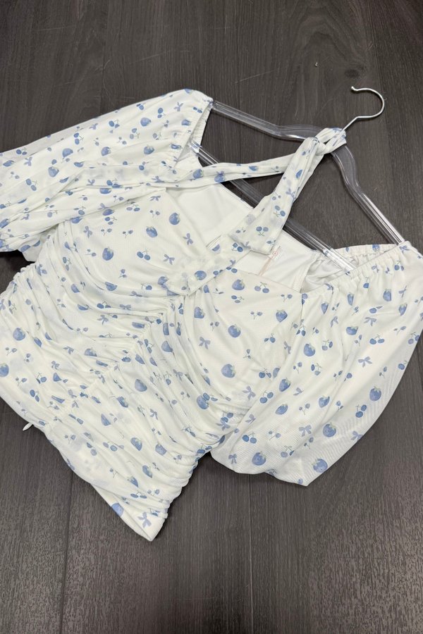 Soelle Bubble Sleeve Mesh Top in Blue Printed Berries