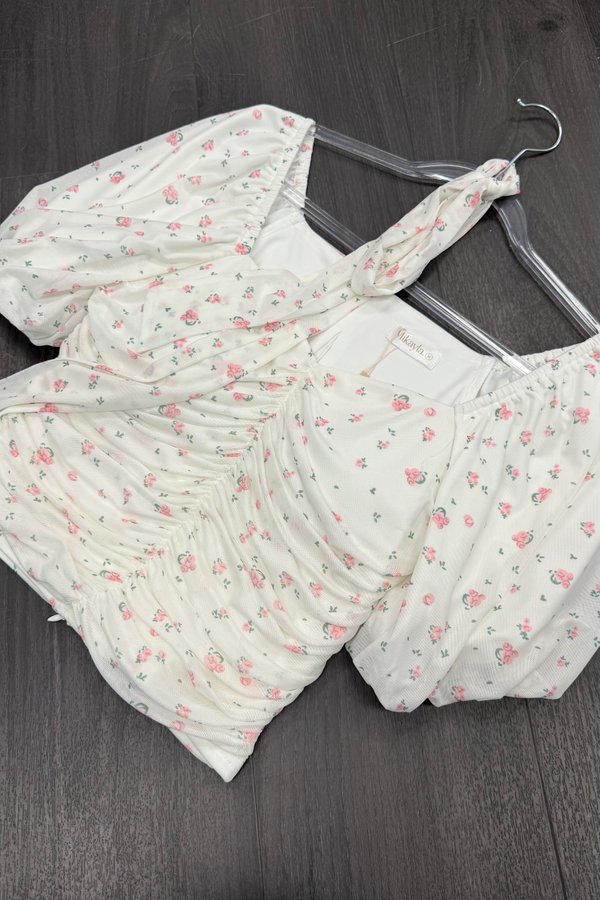Soelle Bubble Sleeve Mesh Top in Pink Printed Floral