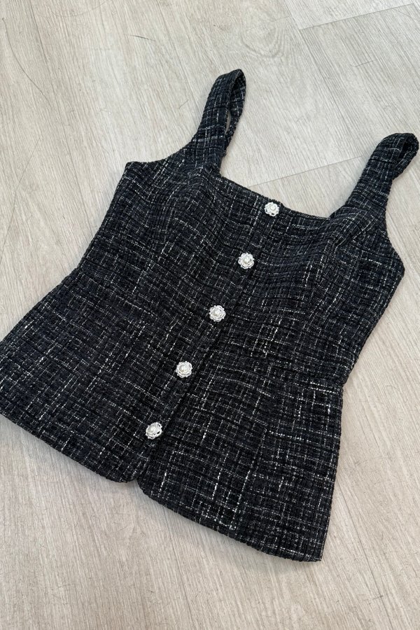 *PRE-ORDER* Gendis Tweed Top in Black with white thread