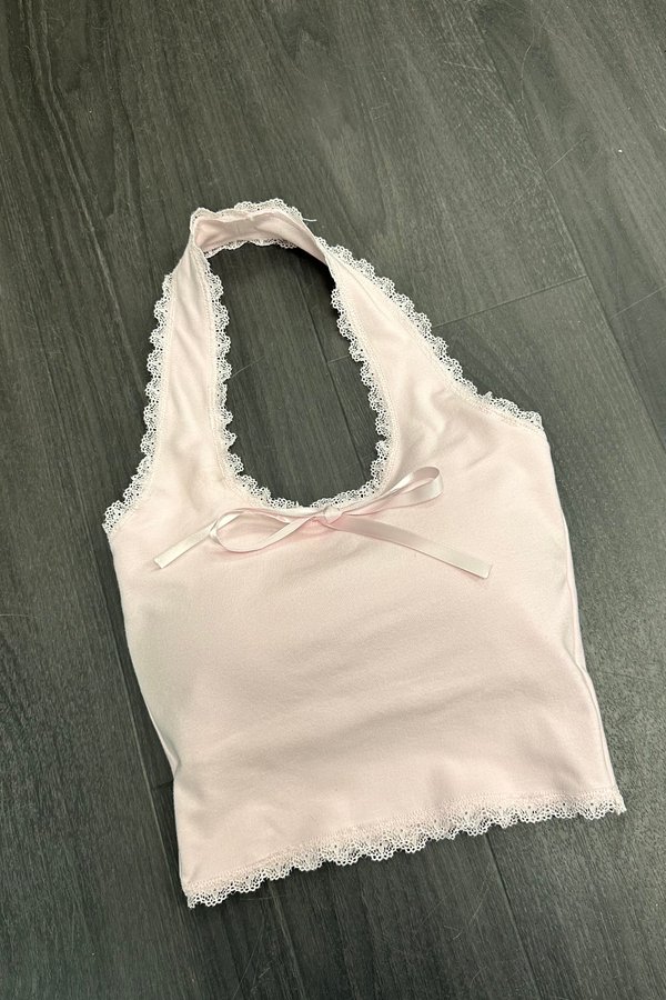 *PO2: MID AUG* (BARE/BASIC) Mila Lace Trimming Halter Top in Ice Pink