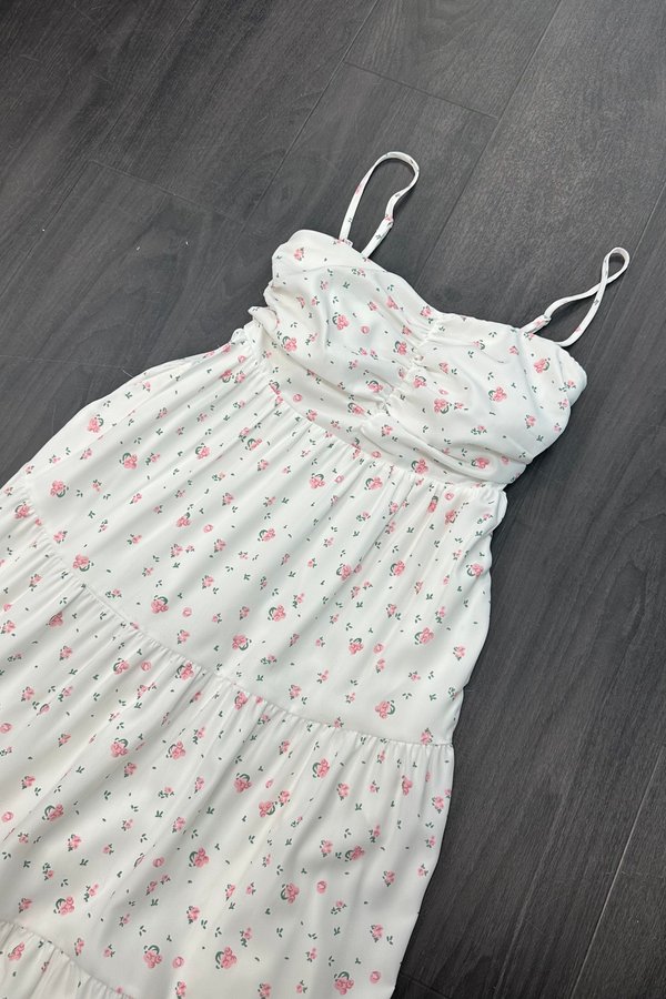 Theodora V2 Sweetheart Neckline Tiered Midaxi Dress in Pink Printed Floral