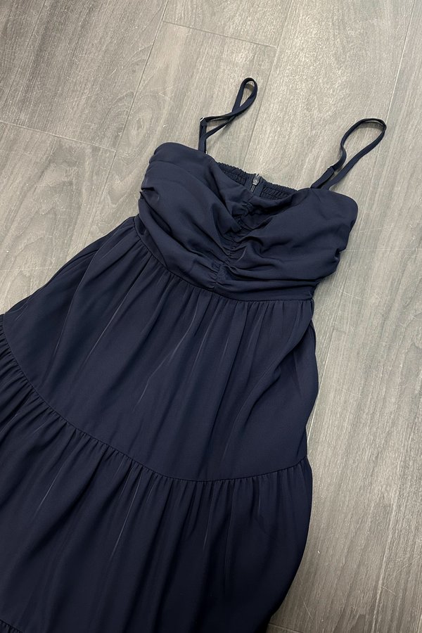 Theodora V2 Sweetheart Neckline Tiered Midaxi Dress in Navy
