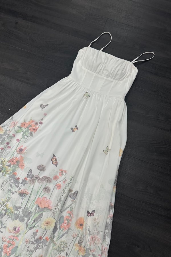 Arin Corset Ruched Midi Dress in Printed Butterfly