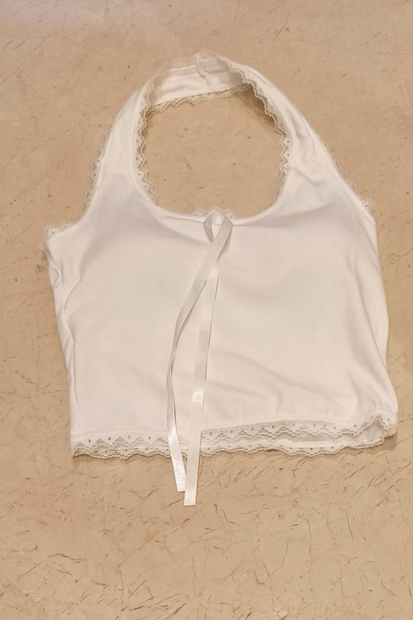 *PRE-ORDER* (BARE/BASIC) Mila Lace Trimming Halter Top in White