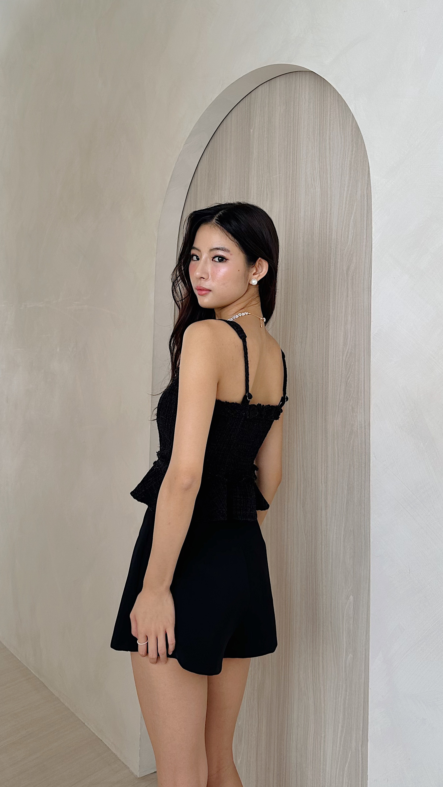 Gemmy Suede Tweed Peplum Top in Black | Mikayla