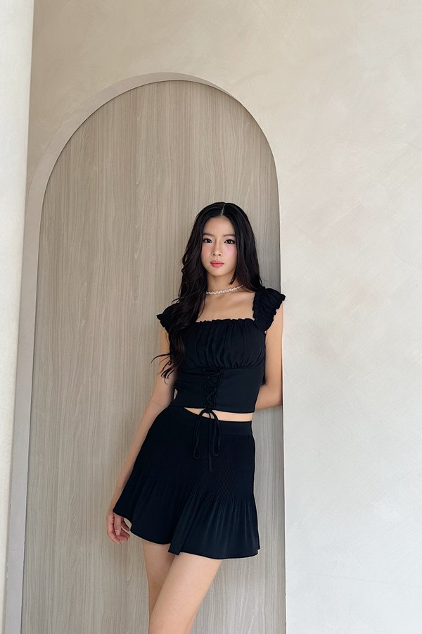 Odette Ruched Self Tie Top in Black