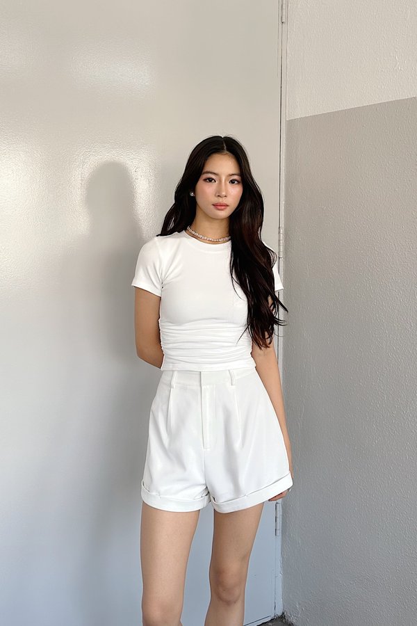 *PO: ETA MID AUG* (BARE/BASIC) Elena Side Ruched Sleeved Top in White