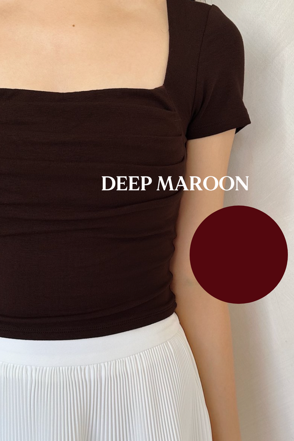 *PO: MID AUG* (BARE/BASIC) Teresa V3 Straight Neck Ruched Sleeve Top in Deep Maroon
