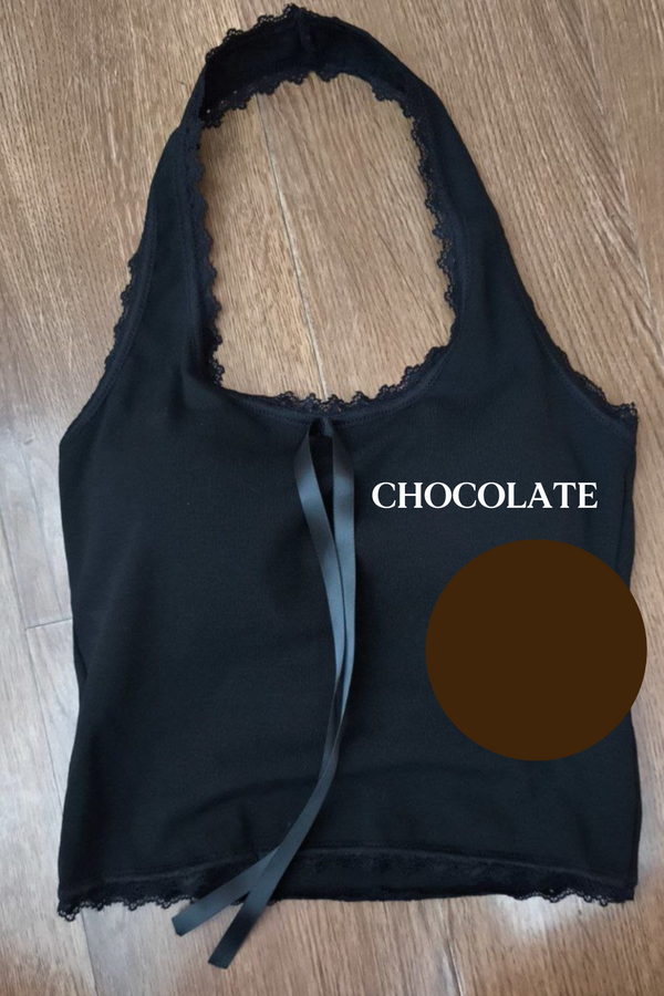*PO: MID AUG* (BARE/BASIC) Mila Lace Trimming Halter Top in Chocolate