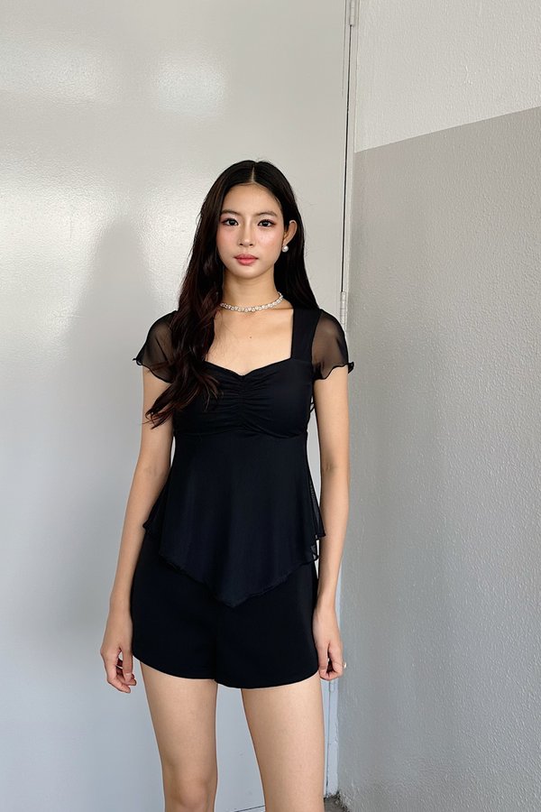Liara Ruched Babydoll Sleeved Top in Black
