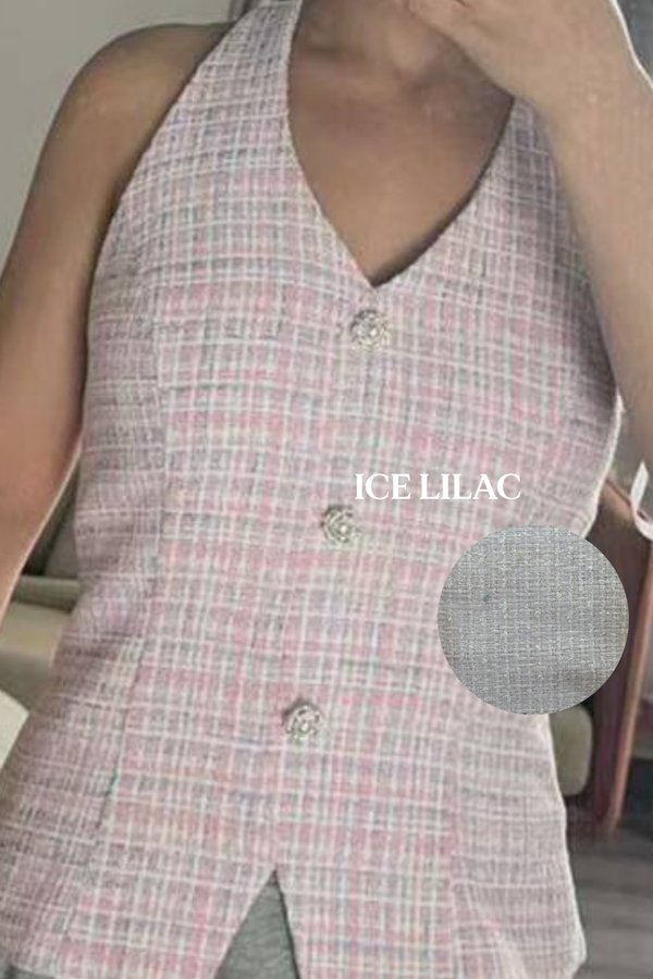 *PO: MID AUG* Ava V3 Suede Tweed V-Neck Pearl Button Vest Top in Ice Lilac
