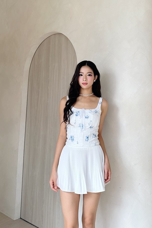 Silvy Front Ribbon Top in Blue Printed Lace